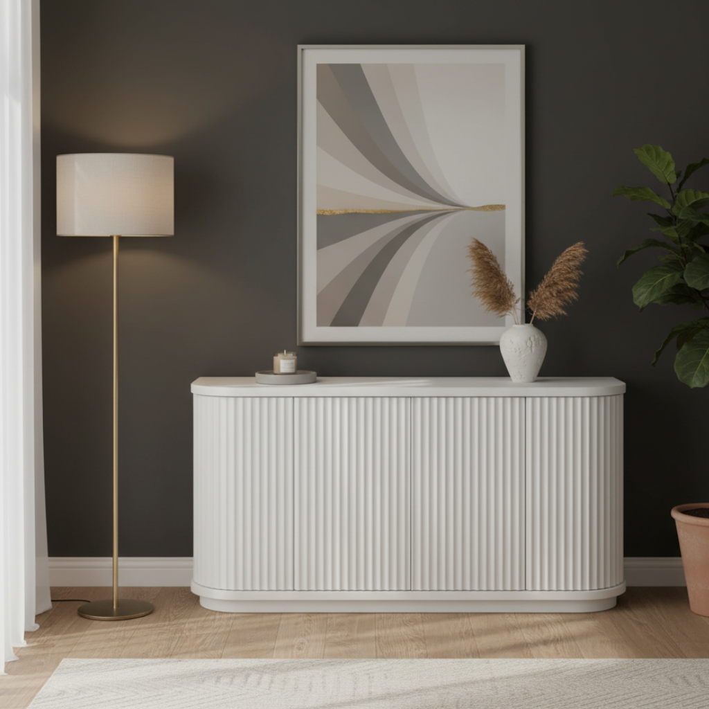 El Nino Flute 160cm Veneer  Top Buffet Storage Cabinet - White