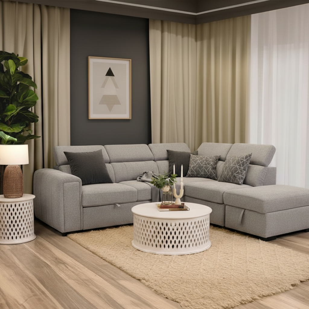 Olia 2-Seater Modular Corner Sofa Bed with Storage Ottoman - Grey