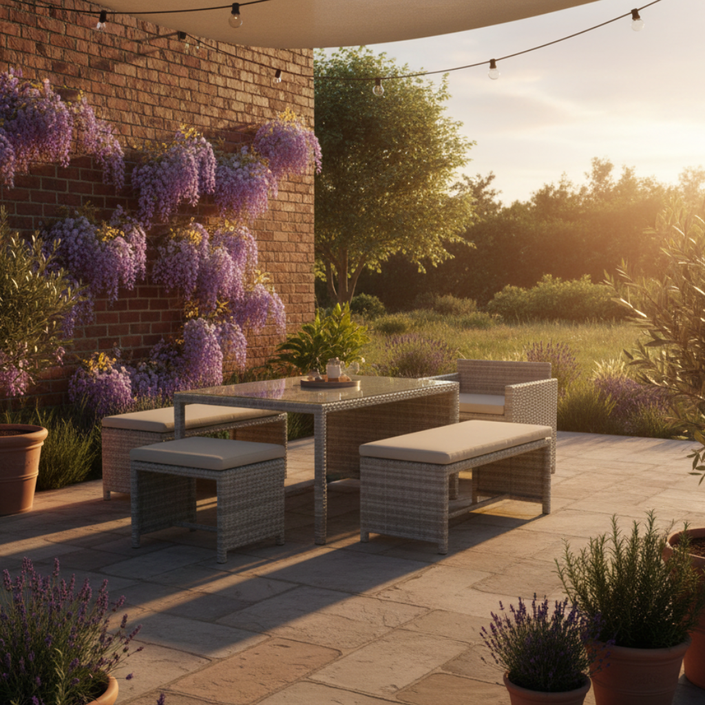 Carlo 6-Piece Nested Wicker Dining Table & Bench Set - Dark Grey